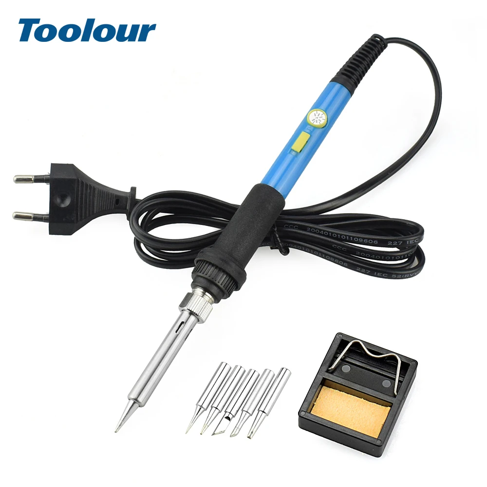 

Toolour 110V/220V 60W Power Switch Electric Soldering Iron Adjustable Temperature 5 Welding Tips Soldering Stand Welding Repair
