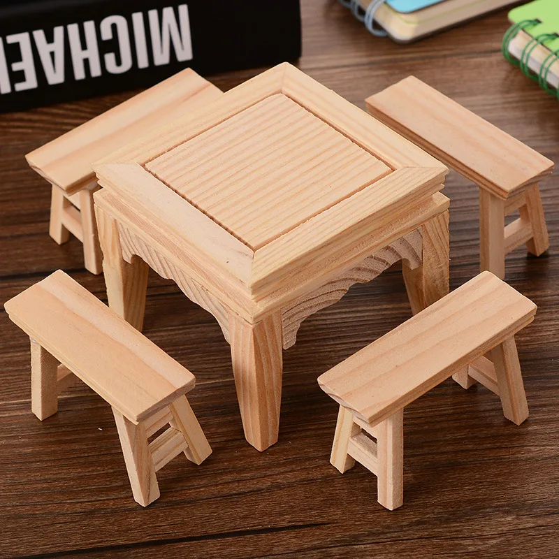 1set Antique Retro Household Furniture Model Wood Figurine diy 85*76mm Desk&Chair Home Decoration Craft Kid Gift Wood miniaturas