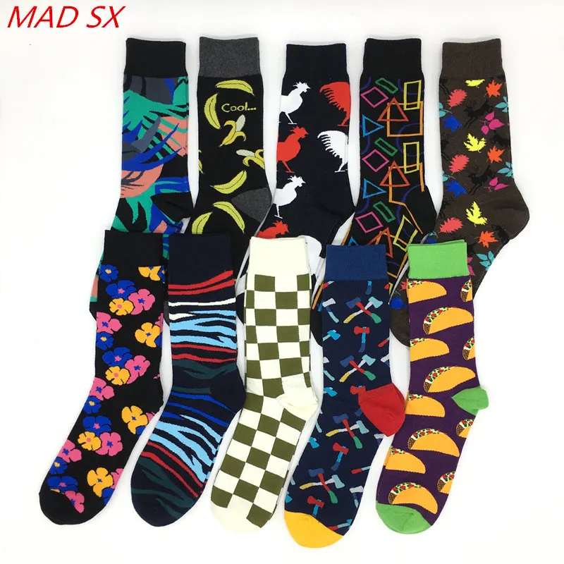 10 пар/партия, хип-носки для мужчин Harajuku, модные носки из чесаного хлопка, Счастливое Платье, цветные дизайнерские Компрессионные носки с забавным рисунком