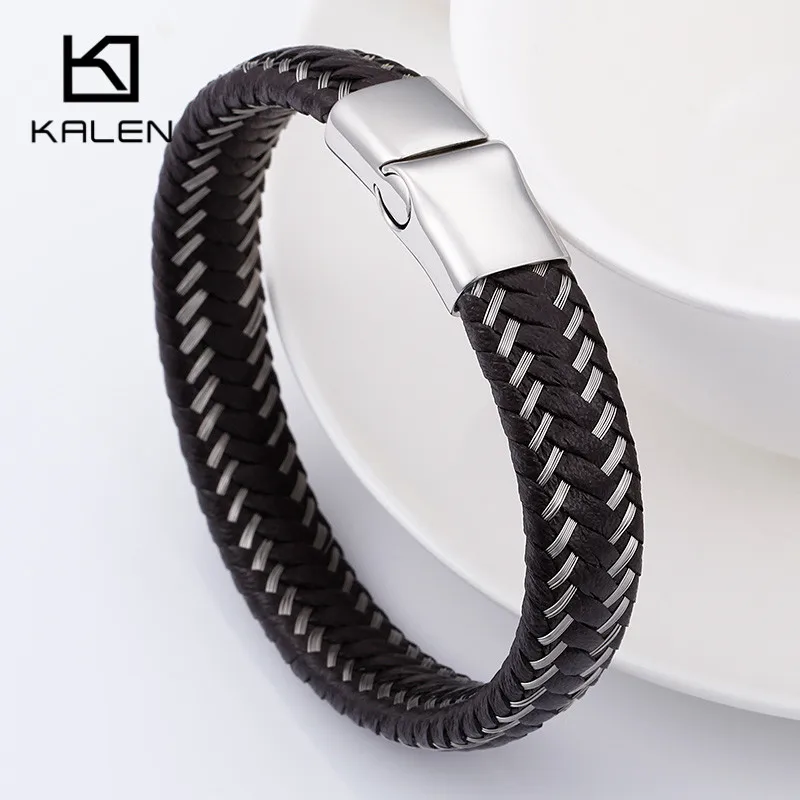 KALEN 21 см настоящий плетеный кожаный браслет для мужчин и женщин из ...