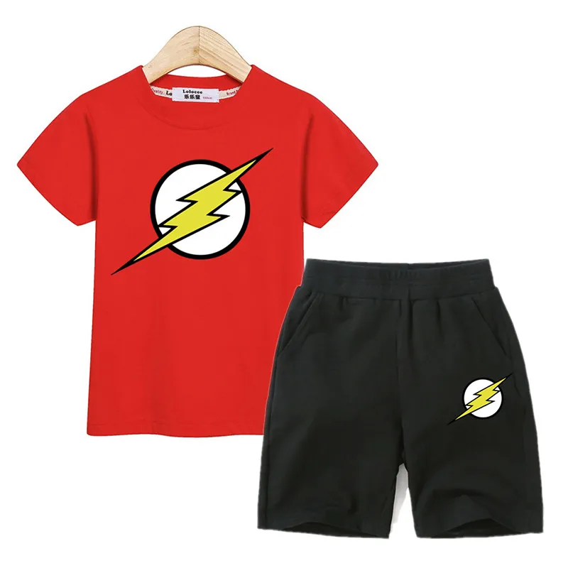 Модный символ молнии; Одежда для мальчиков; модные футболки; короткие штаны; комплект из 2 предметов; одежда для вспышки; детские летние костюмы; Детские костюмы