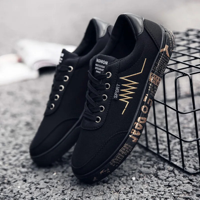 Fashion Printed Canvas Shoes Men Sneakers Low top Black Shoes Lace-up Men's Casual Flats Shoes Male Brand Canvas Sneakers