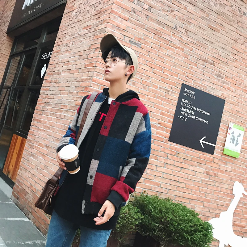 2018 Autumn Winter Men's Lattice Splicing Pattern Woolen Blends Stand Collar Fashion Red/Army Green Color Jackets Coats M-5XL 