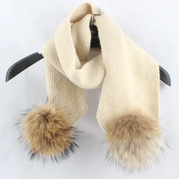 

Children Fashion 30% Wool 70% Acrylic Rings With 15CM Raccoon Fur Pom Poms Baby Real Fur Scarves Christmas Gift LF4160
