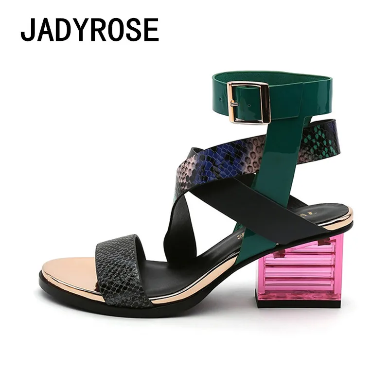

2019 New Women Gladiator Sandals Real Leather 6cm Square High Heels Beach Summer Shoes Ankle Strap Casual Sandalias Zapato Mujer