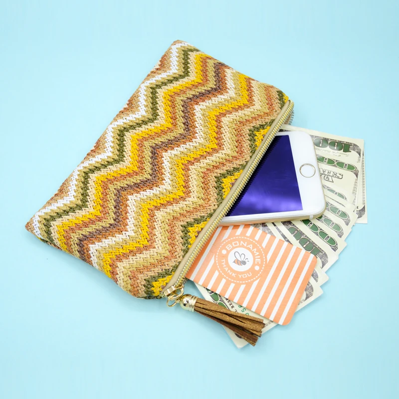 BONAMIE الأزياء PP نسج النساء حقيبة مستحضرات تجميل شرابة الإناث التجميل حقيبة موجة شريط المنسوجة المكياج حقيبة فتاة مخلب محفظة حقيبة شاطئية