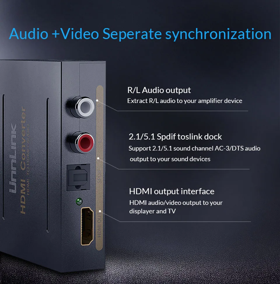 Unnlink HDMI аудио экстрактор конвертер сплиттер UHD4K@ 30 Гц HIFI5.1 SPDIF Toslink Оптический RCA для огня ТВ-палка Chromecast Roku