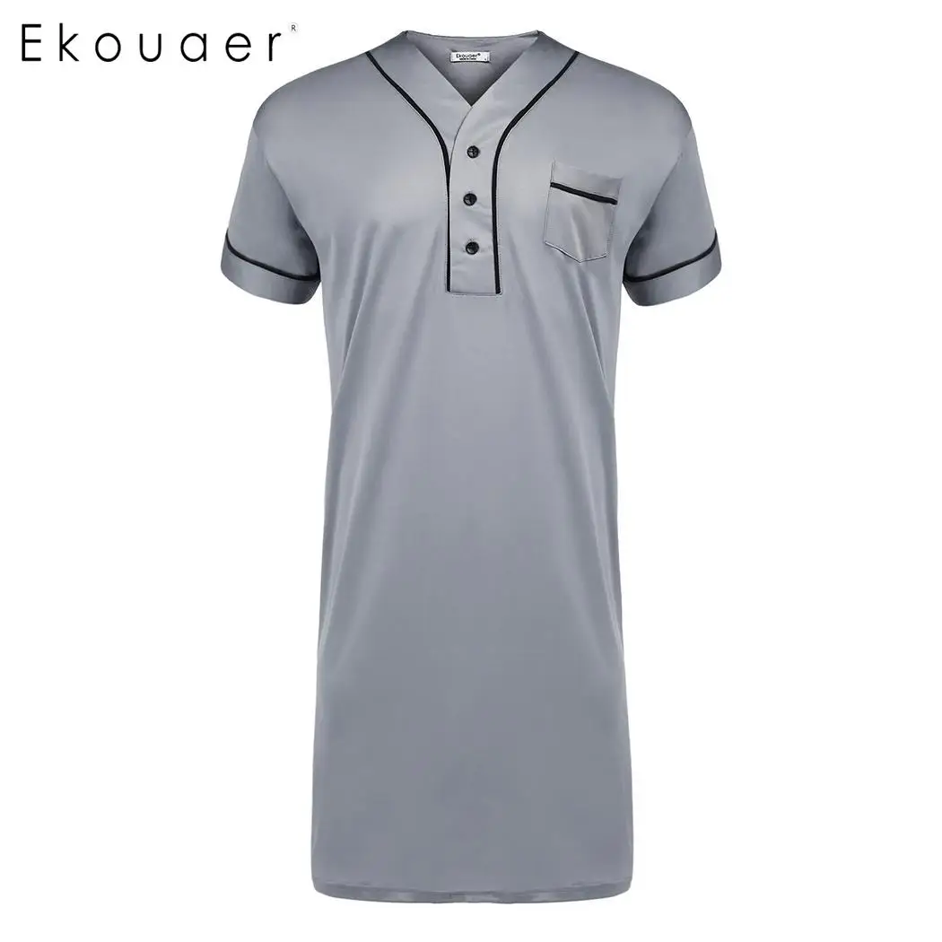 Ekouaer Men Nightshirt Sleepwear Casual V Neck Short Sleeve Pocket
