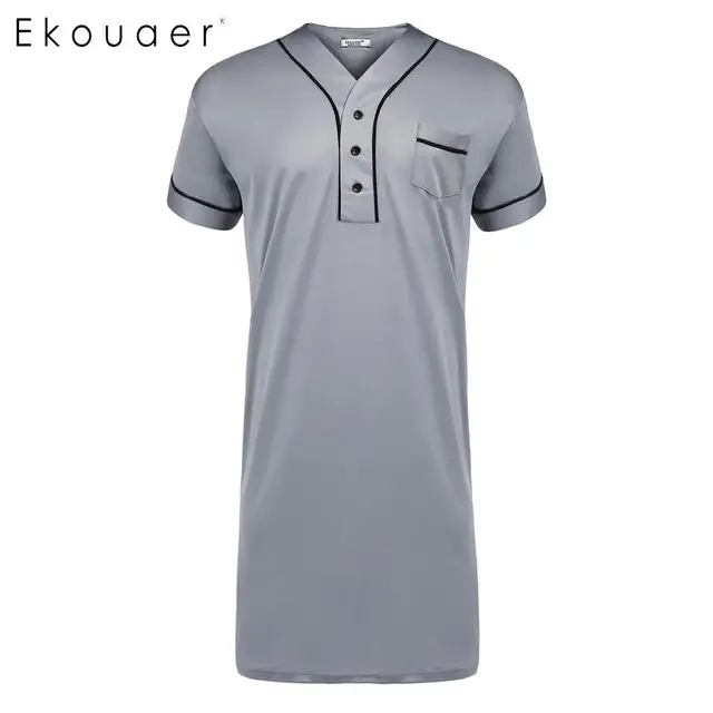 Ekouaer Men Nightshirt Sleepwear Casual V-Neck Short Sleeve Pocket Comfort Loose Night Shirt Men Home Clothing Plus Size