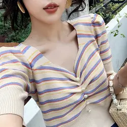 2019 летняя футболка в радужную полоску Женская одежда с коротким рукавом, v-образный вырез, трикотажная футболка, модная однотонная верхняя