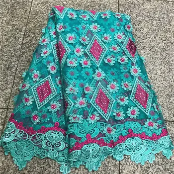 

Unique teal green high quality african tulle lace fabric 2018 fashion french cord embroidered lace with beads for party NLY38-2