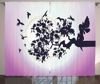 

Anime Curtains Fantasy Fairy Silhouette Sitting on The Branch of Tree with Flying Birds Living Room Bedroom Window Drapes Dark