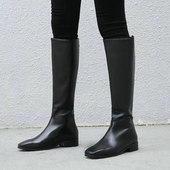 

EshtonShero Shoes Woman Knee High Boots Cow Leather+PU Low Heels 3/4.5CM Black Autumn Classic Ladies Motorcycle Boot Size 3-12