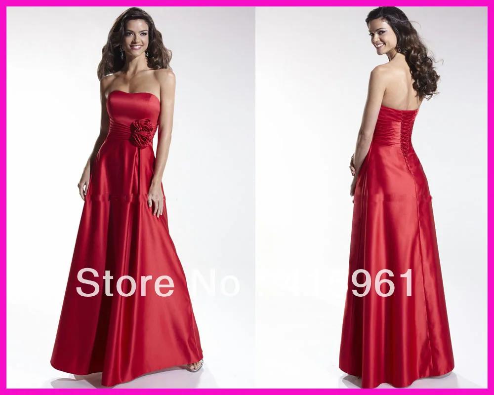 

Strapless Red Floor Length Flowers Long Bridesmaid Dresses Corset Back Free Shipping B721
