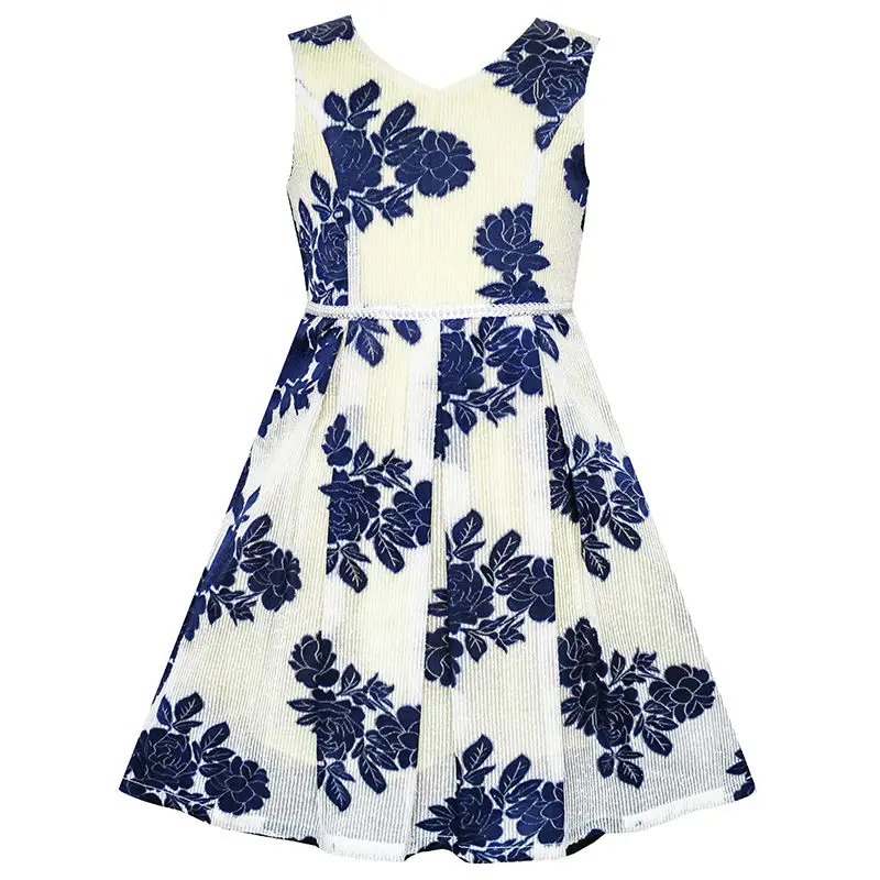 

Girls Dress Navy Blue Flower Pearl Band Sundress 2019 Summer Princess Wedding Party Dresses Clothes Size 4-10