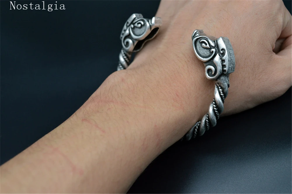 Trendy Handmade Customize Viking Wolf Wild Boar Bracelet For Men Cuff Tibetan Silver Odin Raven Opening Bangle Bracelets Jewelry 3