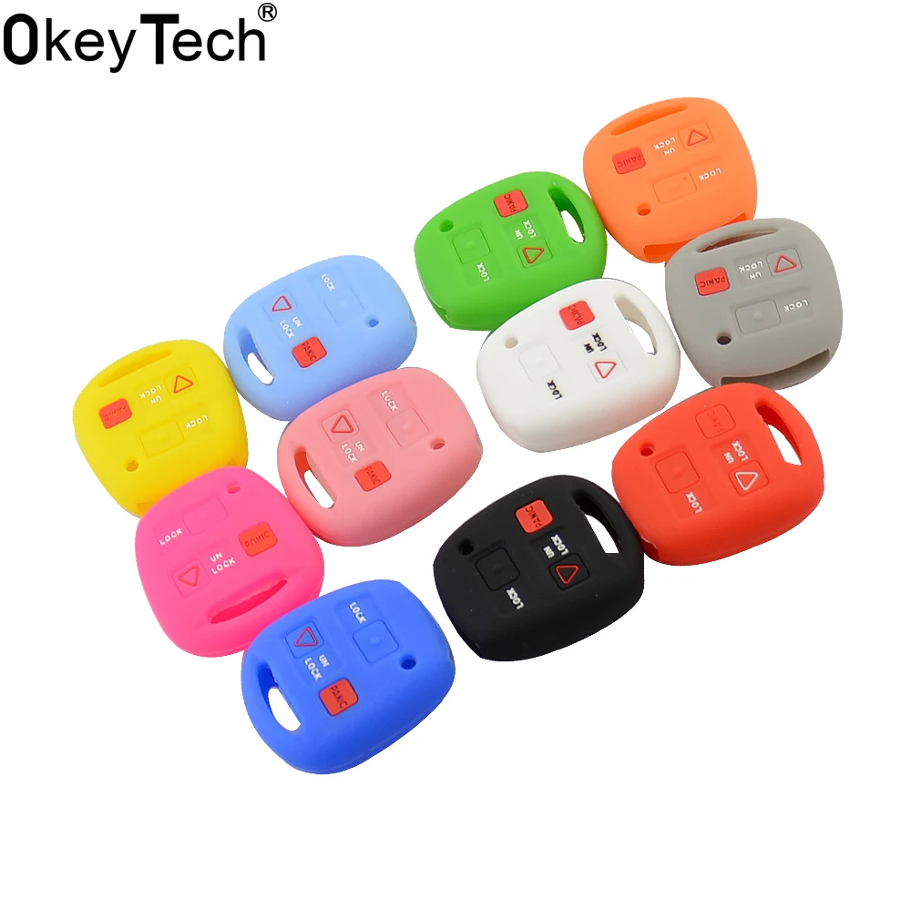 OkeyTech Silicone Rubber Car Key Cover Case For Toyota Land Cruiser Camry Corolla FJ Replacement 2 Buttons+1 Panic Car Key Case