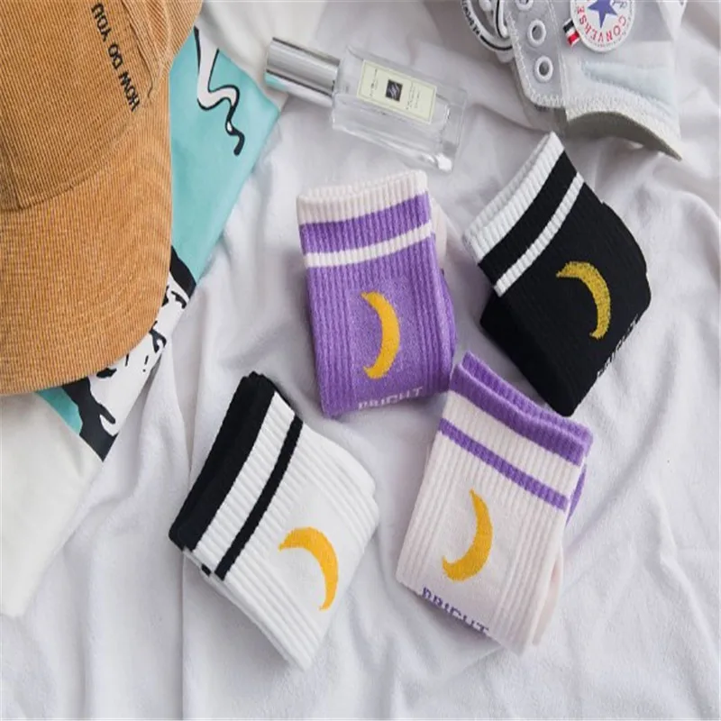 1 пара носков Harajuku носки хлопковые с забавным Харадзюку женские милые унисекс носки для скейтборда хипстерские модные короткие носки с принтом Луны