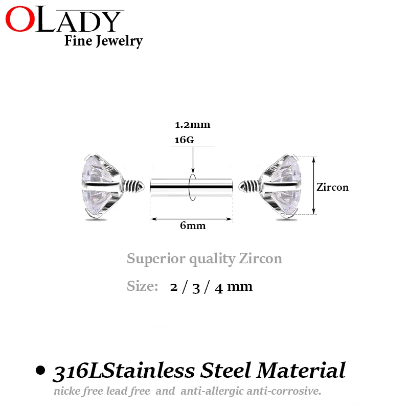 Cubic Zirconia 316L Stainless Steel Internally Threaded Tragus Ear Piercing Body Jewelry 16g 1.2*6MM Pair piercing jewelry,body piercing earrings,ear piercing jewelry,metal jewelry,body piercing jewelry,body jewelry