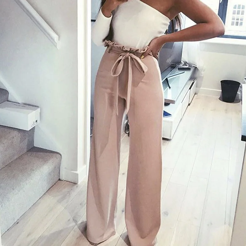 

2018 Best Sell Fashion Pink White Amry Green Black Four Colors High Wasit Solid Casual Bandage Sashes Long Elegant Loose Pants