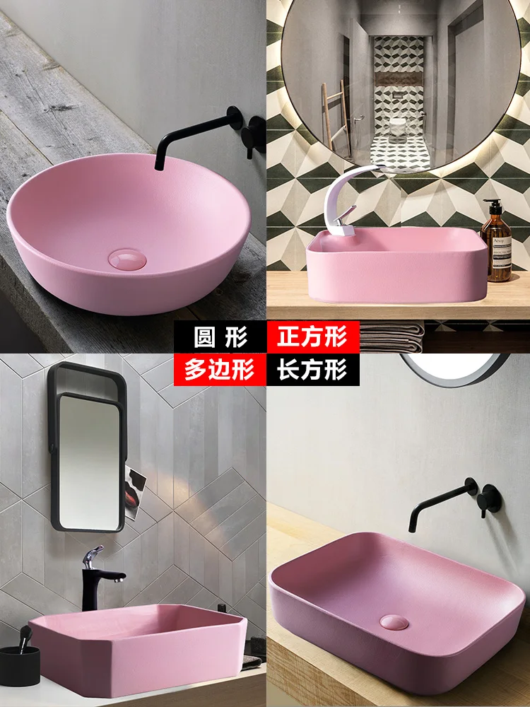 Розовый умывальник на террасе, квадратная керамическая раковина для туалета, простая ванная комната, маленькие чаши для раковины