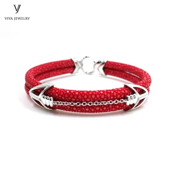 

Luxury Fire Red Stingray Leather Cords Bracelets With 925 Sterling Silver Material Classic Arrow Hardware Men Stingray Bracelet