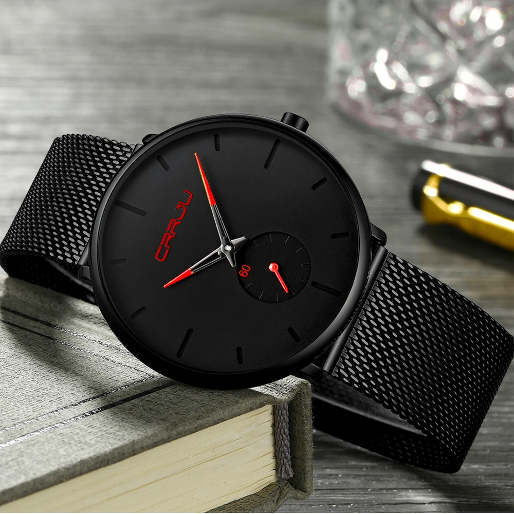 CRRJU мужские часы Топ бренд класса люкс черные кварцевые мужские часы Прямая сетчатый ремешок повседневные спортивные мужские часы 2150