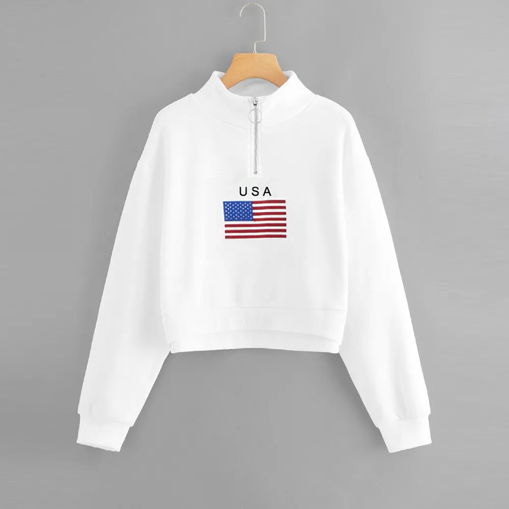 

Women Sweatshirt White Crop Tops USA Flag Print Zipper Turtleneck Dancer Kpop Clothing Zipper Turtleneck #415