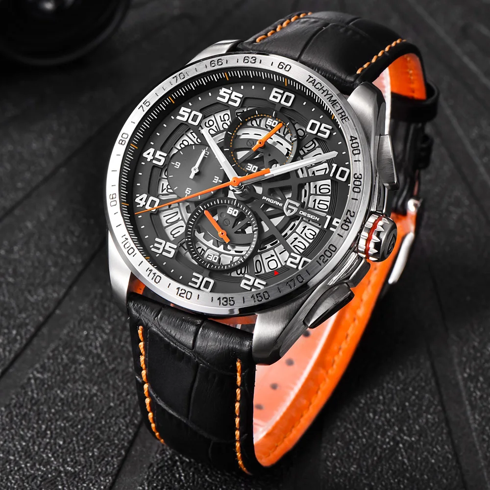 PAGANI Дизайн люксовый бренд Водонепроницаемые кожаные кварцевые часы с скелетом спортивные мужские часы с хронографом Relogios Masculino saat