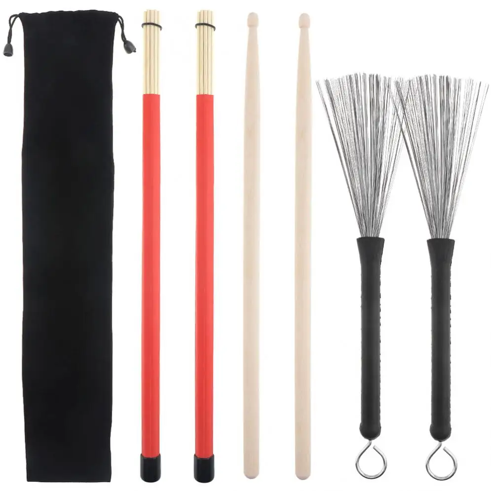 

4pcs Jazz Drumsticks Set Include 5A Maple Drum Sticks Bamboo Steel Wire Brushes and Velvet Bag