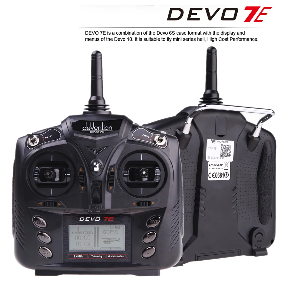 

Walkera DEVO 7E 2.4G 7CH DSSS Radio Control Transmitter for RC Helicopter Airplane Model 2 Mode 1 Drone Accessory Parts F18519