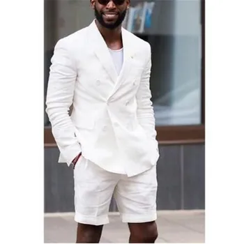 

White Double Breasted Summer Wedding Suit With Short Pant Terno Tuxedos Summer Mens Suit Dress Blazer 2 pieces(Jacket+Pants+Tie)