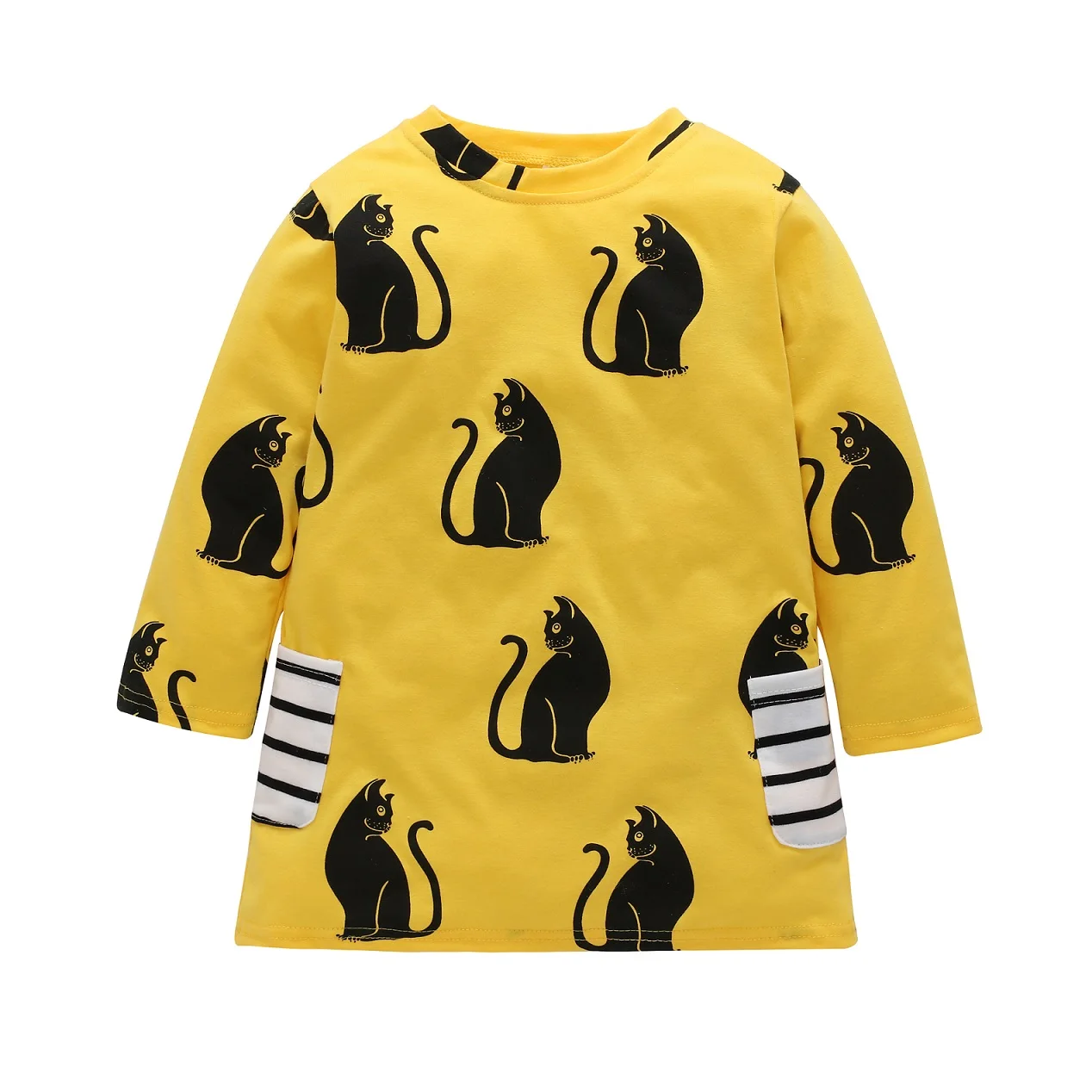 

2018 Autumn Winter Baby Girls Dresses Long Sleeve Cute Cartoon Cat Print Kids Clothes Casual Cotton Children Clothing