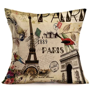 

45x45cm Cotton Linen Cushion Cover Retro Vintage Franch Paris Eiffel Tower Pillow Cover Car Sofa Throw Pillowcase Home Decor