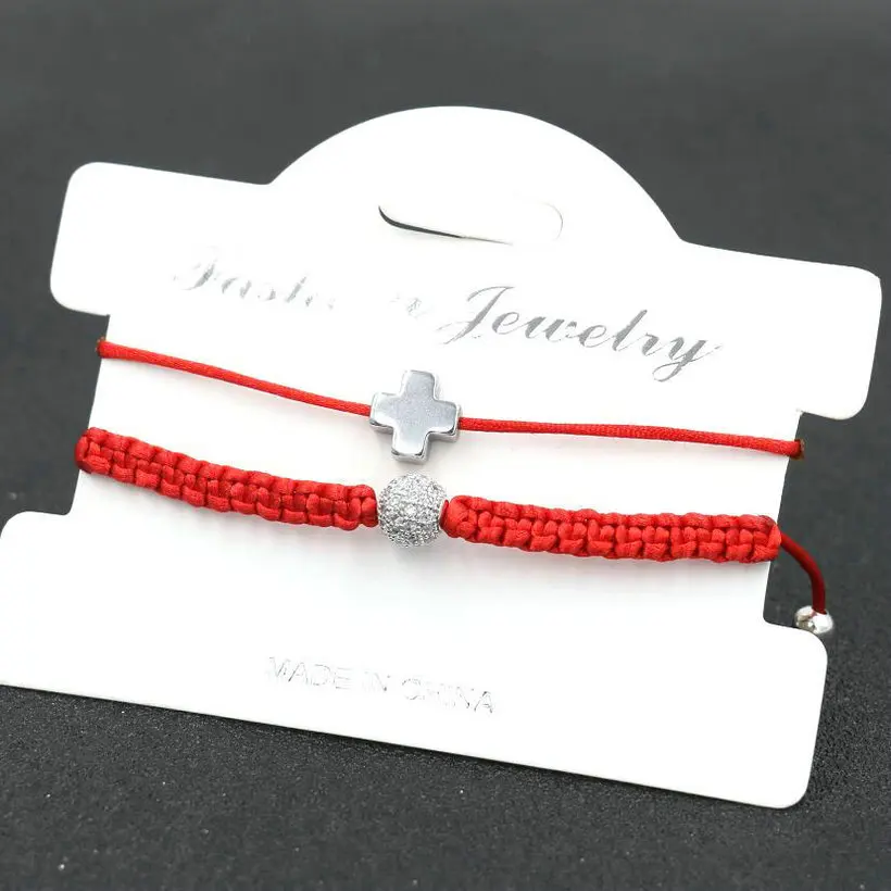 

2pcs/set Silver Color Rhinestone Zircon Balls Bracelet For Women Red Thread String Crosses Couple Bracelets For Girl Lovers'