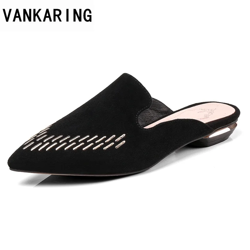 

VANKARING women slippers fashion sandals 2018 genuine leather thick heels rhinestones party shoes woman dress casual black shoes