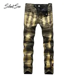 Silentsea брендовые модные дизайнерские джинсы мужские прямые золотистые с принтом Мужские джинсы Рваные хлопковые высокого качества крутые