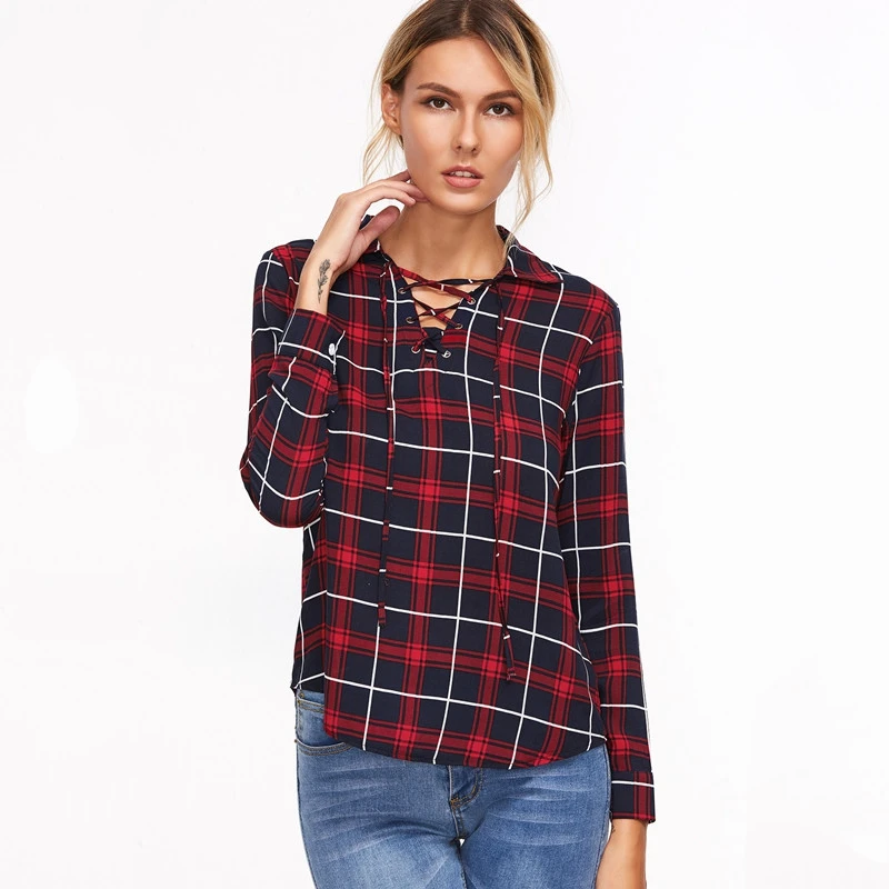 Women V Neck Long Sleeve Hollow Out Vintage Blouse font b Tartan b font Plaid Lace