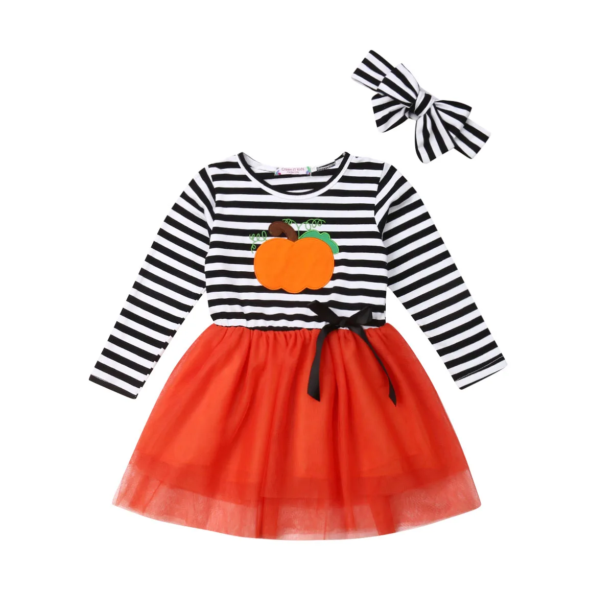 

Kids Baby Girls Halloween Pumpkin Dress Long Sleeve Striped Tulle Party Casual Lace Dresses