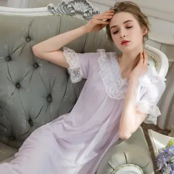 

2020 fashion brand V neck sleep dress female Long Pijamas Princess Sleepwear lace embroidery ruffles dress nightdress wj2596