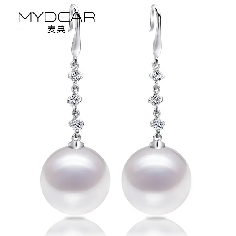 

MYDEAR Drop Earrings Charm Real 9.5-10mm White Round Freshwater Pearl Long Earrings For Women,High Luster,Fine-costume-jewelry