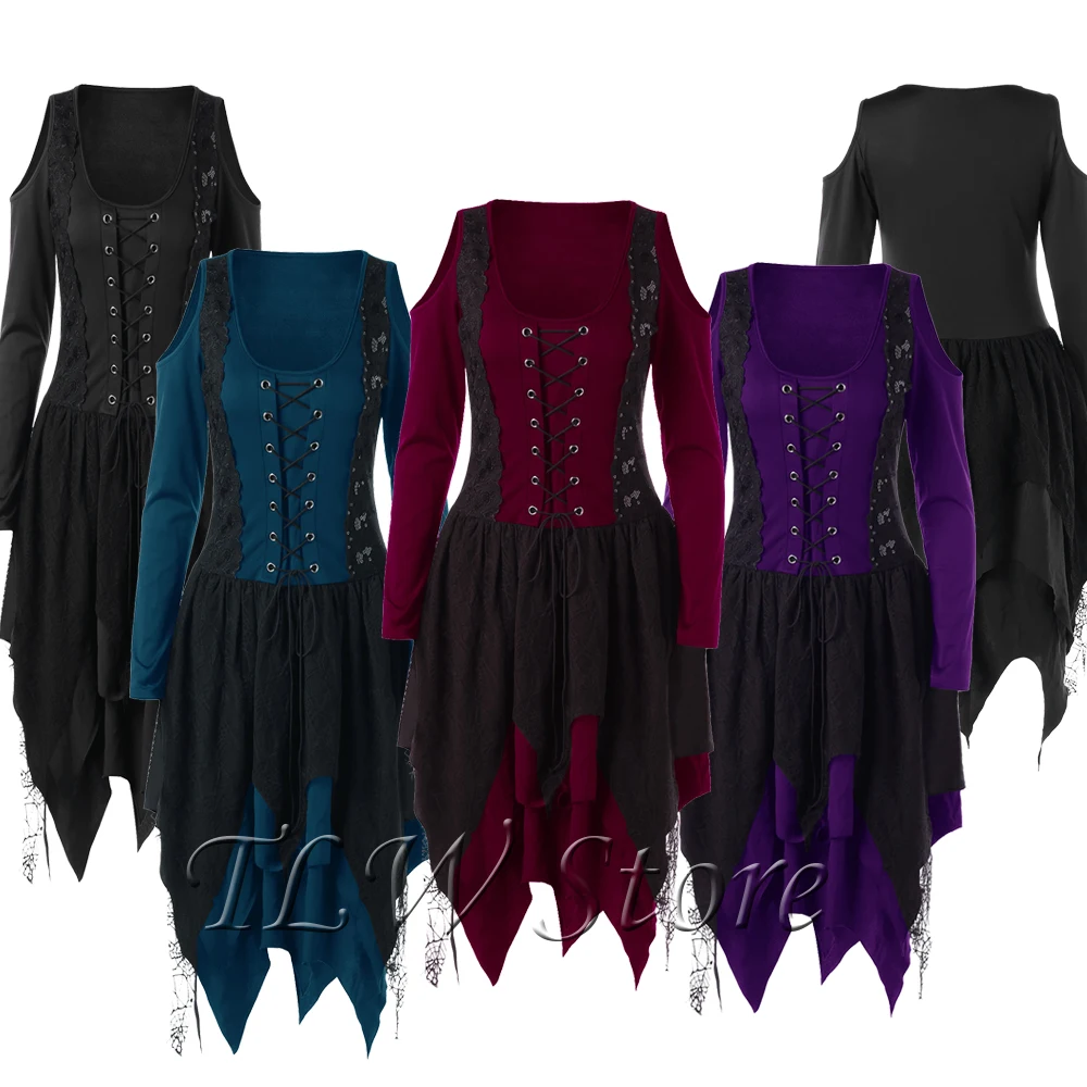 

Women Gothic Dress Winter Long Sleeve Lace Dresses Irregular Patchwork Women Off The Shoulder Sexy Party Bandage Dress M-2xl