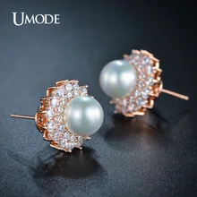 UMODE Simulated Pearl Jewelry Rose Gold / Rhodium plated Earrings With Tiny AAA CZ Stud Earrings For Women AUE0161