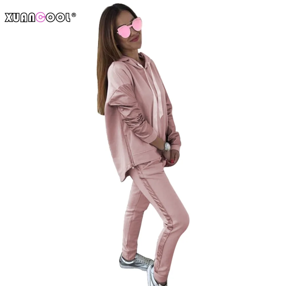 

XUANCOOL 2018 Suit Set Women Knitted Cotton Tracksuit Long Sleeve Zipper PU leather Splicing Hoodies Long Pant Two Piece Set