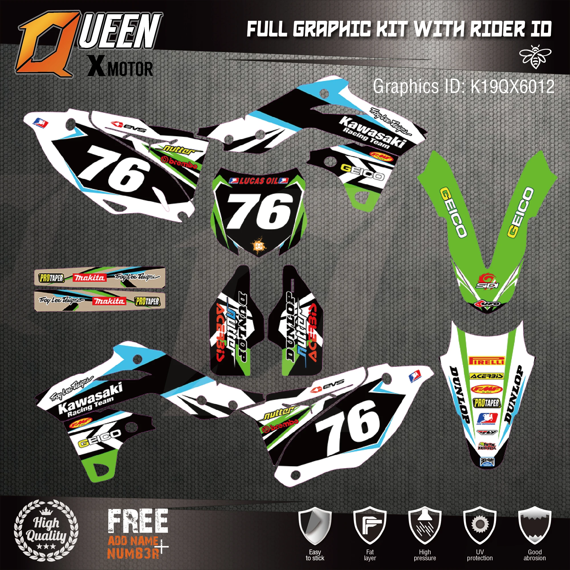 

Queen-X Custom Team Graphics Backgrounds Decals 3M Stickers Kit For Kawasaki KX250F 2013-2016 012