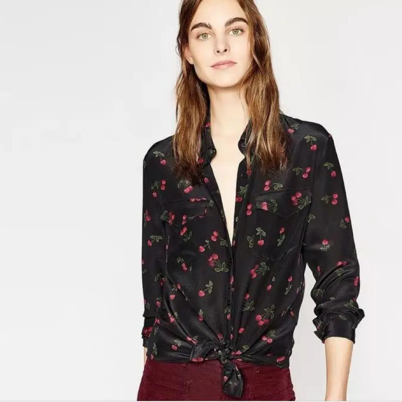 

100% Silk Women Cherry Print Long Sleeve Front Double Pockets Autumn Sweet Blouse Shirt Top
