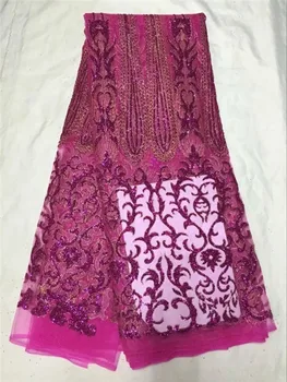 

Luxury fuchsia with glitters French net lace fabric nice tulle mesh lace fabric for wedding/party dress UN87(5yards/pc)