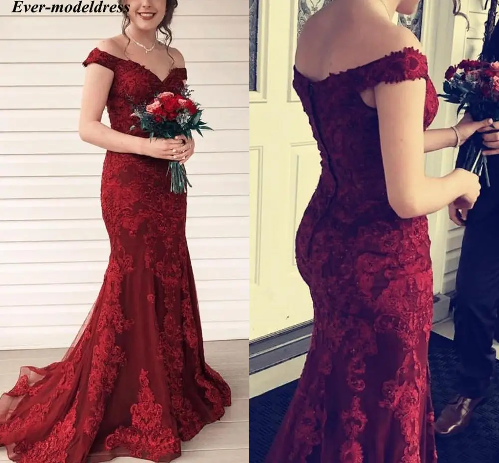 

Off Shoulder Burgundy Evening Dresses Mermaid Lace Appliques Button Back Sweep Train Long Prom Party Dresses Robe de soiree