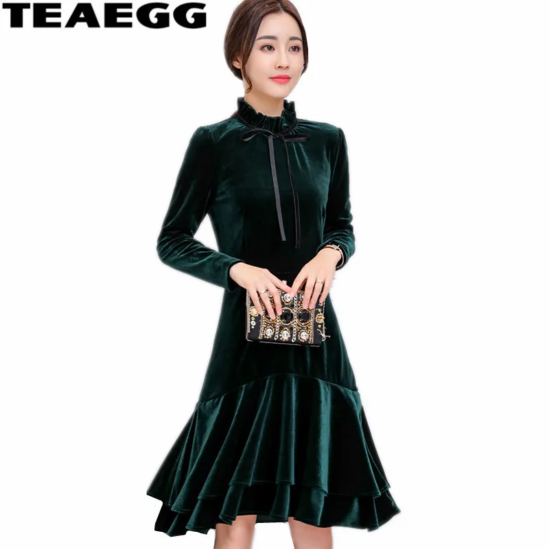 Платье teaegg Femme ete 2020 ТРАПЕЦИЕВИДНОЕ вельветовое платье с длинным рукавом больших