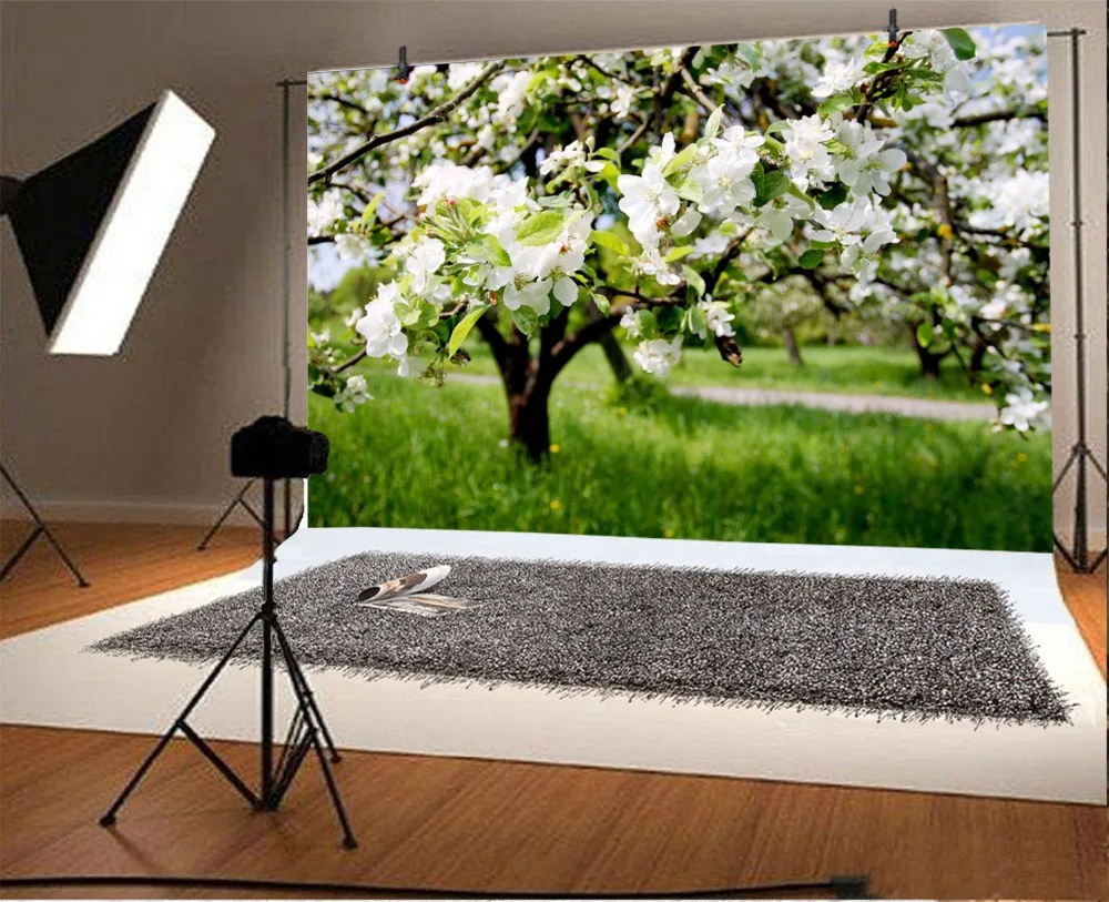 Laeacco Spring Blooming Flowers Trees Grassland Scenic Photography Background Customized Photographic Backdrop For Photo Studio